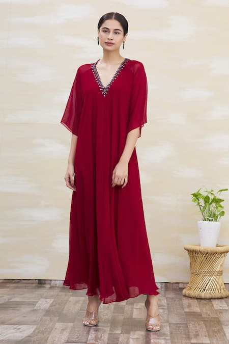 Buy Persian Red Sequins Embellished Gown With Sheer Net On The Waist