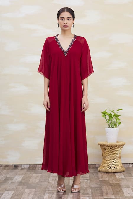 Shop_Kommal Sood_Red Georgette Embroidery V Neck Embellished Gown  _Online_at_Aza_Fashions
