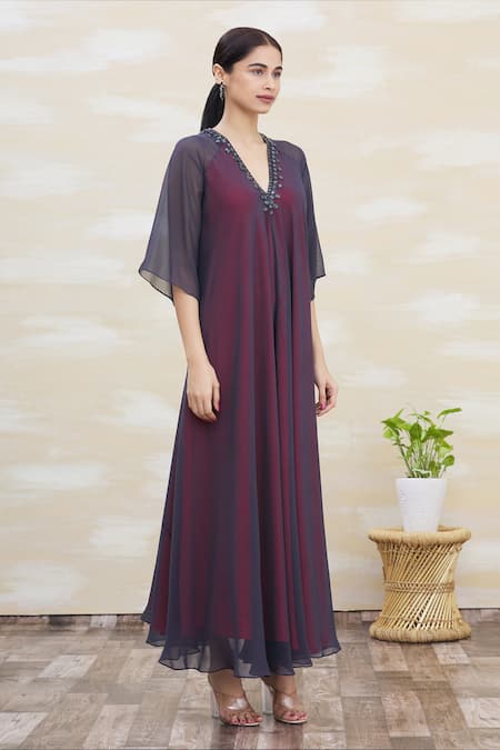 Kommal Sood_Grey Georgette Embroidery V Neck Embellished Gown  _Online_at_Aza_Fashions