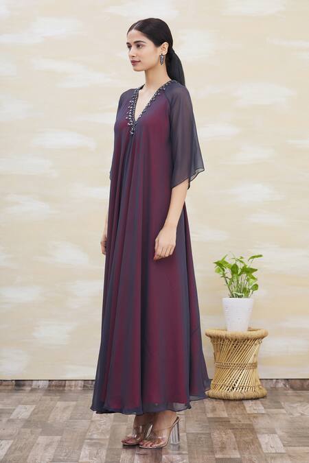 Buy_Kommal Sood_Grey Georgette Embroidery V Neck Embellished Gown  _Online_at_Aza_Fashions