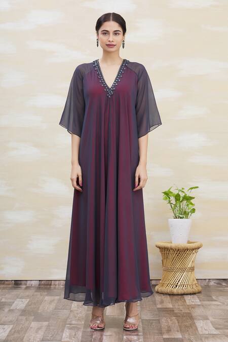 Shop_Kommal Sood_Grey Georgette Embroidery V Neck Embellished Gown  _Online_at_Aza_Fashions