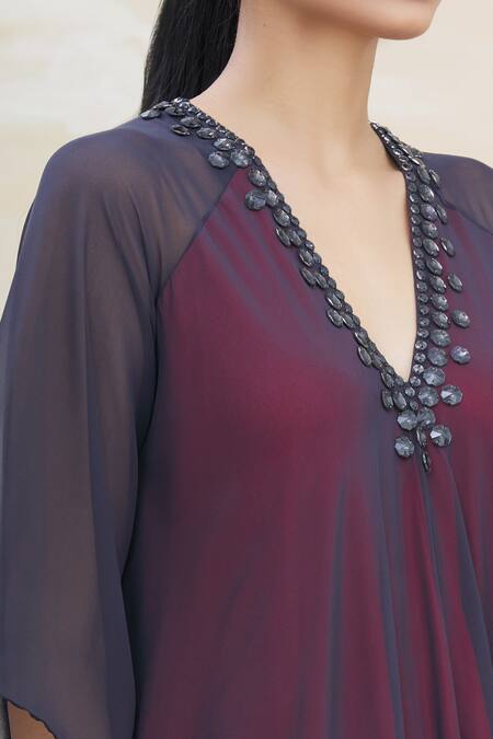 Kommal Sood_Grey Georgette Embroidery V Neck Embellished Gown  _at_Aza_Fashions