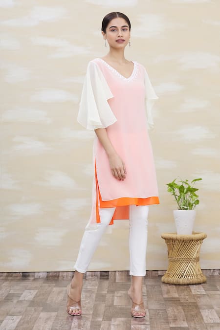 Buy_Kommal Sood_Beige Georgette Embroidery V Neck Asymmetrical Tunic  _Online_at_Aza_Fashions