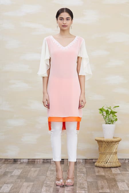 Shop_Kommal Sood_Beige Georgette Embroidery V Neck Asymmetrical Tunic  _Online_at_Aza_Fashions