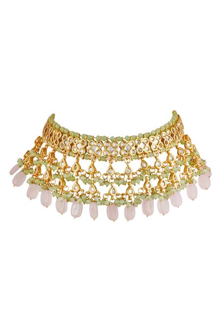 Buy_ChhavI'S Jewels_Green Pearls, Beads, Diamonds Kundan Choker Set _Online_at_Aza_Fashions