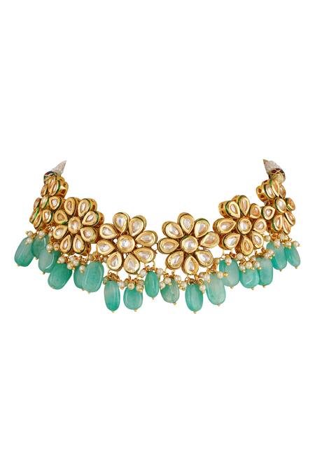Buy_ChhavI'S Jewels_Gold Plated Pearls, Beads, Zari Floral Kundan Choker Set _Online_at_Aza_Fashions