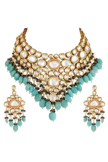 Shop_ChhavI'S Jewels_Blue Pearls, Beads Kundan Choker Set_Online_at_Aza_Fashions