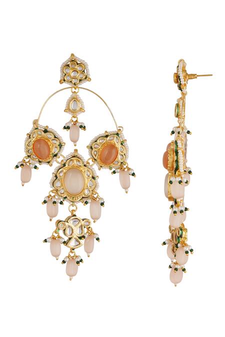ChhavI'S Jewels_Orange Pearls, Beads, Zari Kundan Drop Chandeliers _Online_at_Aza_Fashions