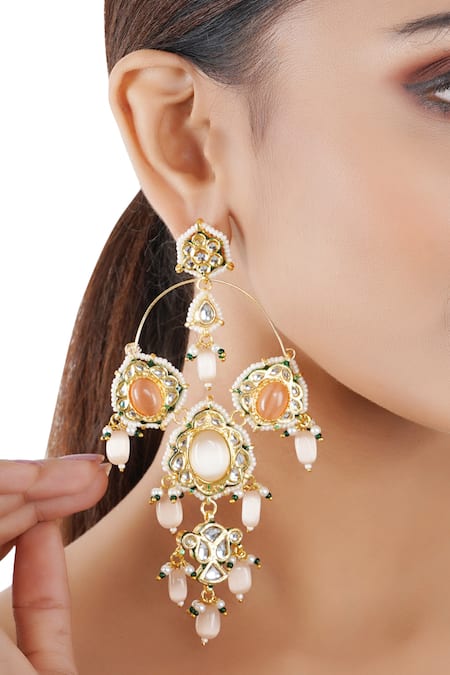 Shop ChhavI'S Jewels Orange Pearls, Beads, Zari Kundan Drop Chandeliers Online at Aza Fashions Shop_ChhavI'S Jewels_Orange Pearls, Beads, Zari Kundan Drop Chandeliers _Online_at_Aza_Fashions