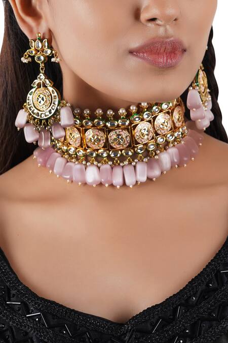 ChhavI'S Jewels_Gold Plated Pearls, Beads Kundan Drop Choker Set_at_Aza_Fashions