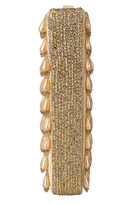 Fuchsia by aashaka mehta_Gold Beads Velvet Embellished Sling Bag _at_Aza_Fashions