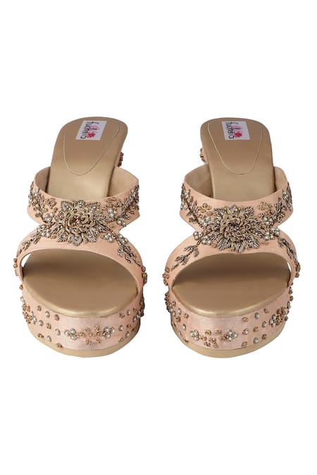 Shop Fuchsia by aashaka mehta Peach Embroidery, Beads Silk Embellished Wedges at Aza Fashions Shop_Fuchsia by aashaka mehta_Peach Embroidery, Beads Silk Embellished Wedges _at_Aza_Fashions
