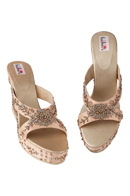 Fuchsia by aashaka mehta Peach Embroidery, Beads Silk Embellished Wedges Online at Aza Fashions Fuchsia by aashaka mehta_Peach Embroidery, Beads Silk Embellished Wedges _Online_at_Aza_Fashions