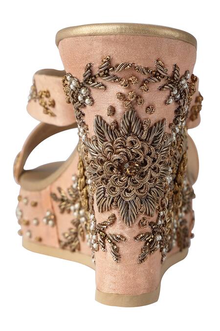 Shop Fuchsia by aashaka mehta Peach Embroidery, Beads Silk Embellished Wedges Online at Aza Fashions Shop_Fuchsia by aashaka mehta_Peach Embroidery, Beads Silk Embellished Wedges _Online_at_Aza_Fashions
