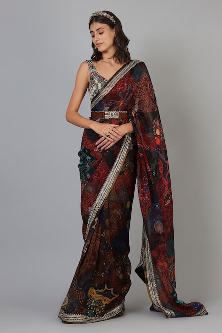Geisha Designs Maroon Printed V Neck Embroidered Saree With Blouse Online at Aza Fashions Geisha Designs_Maroon Printed V Neck Embroidered Saree With Blouse _Online_at_Aza_Fashions