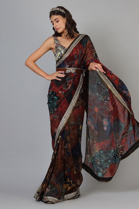Shop Geisha Designs Maroon Printed V Neck Embroidered Saree With Blouse Online at Aza Fashions Shop_Geisha Designs_Maroon Printed V Neck Embroidered Saree With Blouse _Online_at_Aza_Fashions