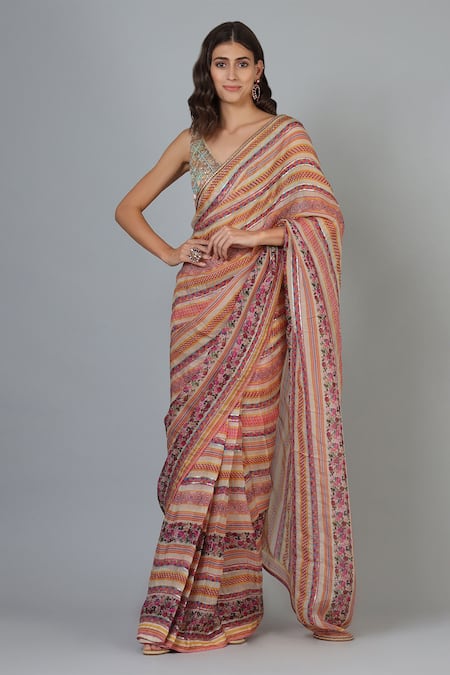 Geisha Designs Pink Embroidery V Neck Printed Saree Set  