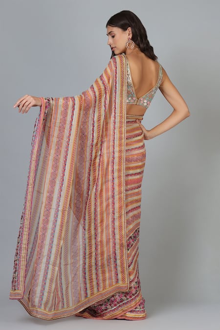 Shop Geisha Designs Pink Embroidery V Neck Printed Saree Set at Aza Fashions Shop_Geisha Designs_Pink Embroidery V Neck Printed Saree Set _at_Aza_Fashions