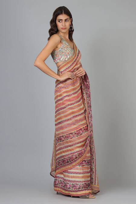 Geisha Designs Pink Embroidery V Neck Printed Saree Set Online at Aza Fashions Geisha Designs_Pink Embroidery V Neck Printed Saree Set _Online_at_Aza_Fashions