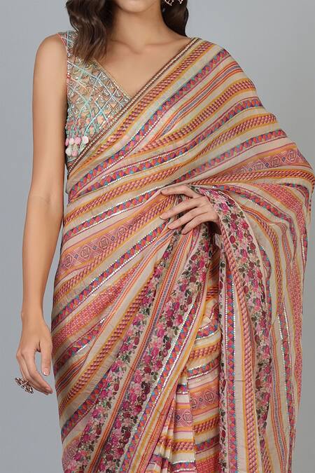 Shop Geisha Designs Pink Embroidery V Neck Printed Saree Set Online at Aza Fashions Shop_Geisha Designs_Pink Embroidery V Neck Printed Saree Set _Online_at_Aza_Fashions
