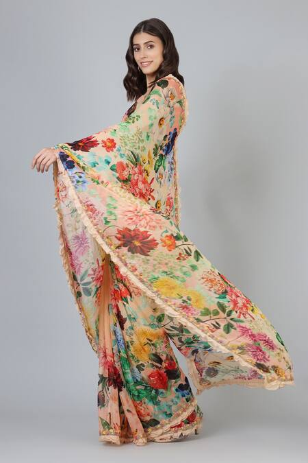 Buy_Geisha Designs_Beige Embroidery V Neck Printed Saree With Embellished Blouse  _Online_at_Aza_Fashions