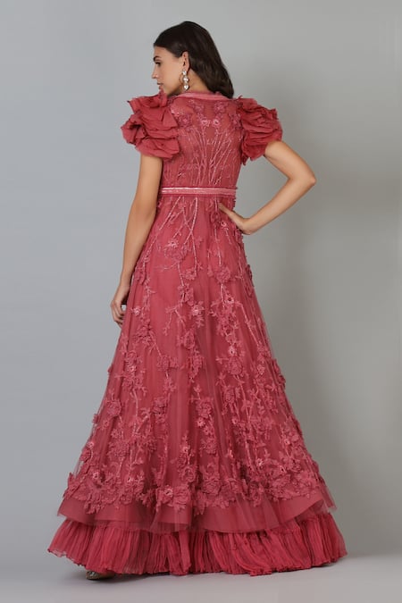 Shop Geisha Designs Pink Embroidery V Neck Embellished Anarkali With Pant at Aza Fashions Shop_Geisha Designs_Pink Embroidery V Neck Embellished Anarkali With Pant _at_Aza_Fashions