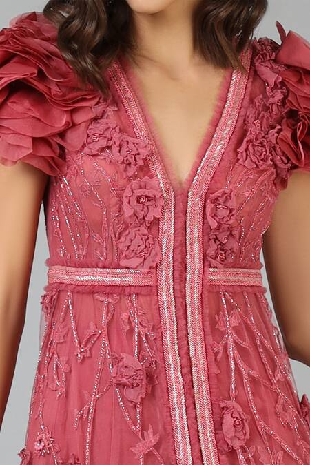 Shop Geisha Designs Pink Embroidery V Neck Embellished Anarkali With Pant Online at Aza Fashions Shop_Geisha Designs_Pink Embroidery V Neck Embellished Anarkali With Pant _Online_at_Aza_Fashions