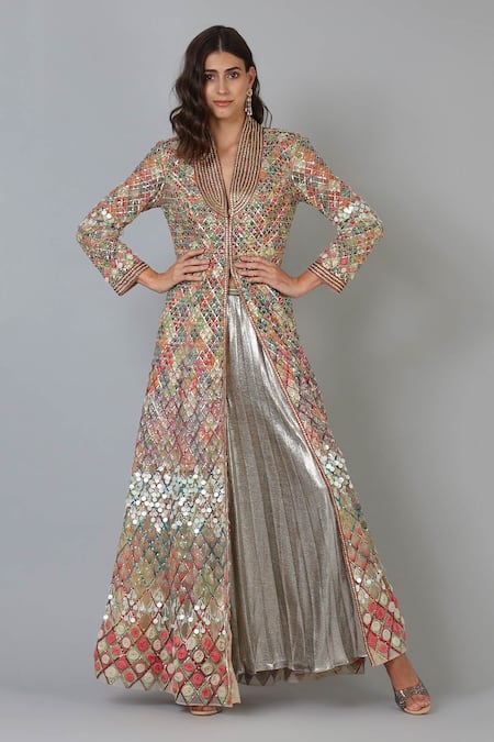 Geisha Designs Silver Embellished V Neck Anarkali With Pant Online at Aza Fashions Geisha Designs_Silver Embellished V Neck Anarkali With Pant _Online_at_Aza_Fashions