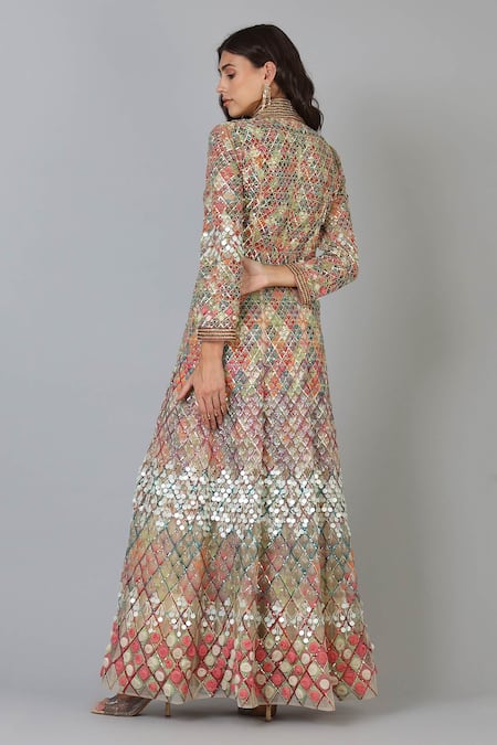 Shop Geisha Designs Silver Embellished V Neck Anarkali With Pant at Aza Fashions Shop_Geisha Designs_Silver Embellished V Neck Anarkali With Pant _at_Aza_Fashions