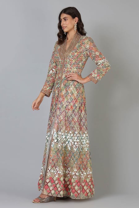 Buy Geisha Designs Silver Embellished V Neck Anarkali With Pant Online at Aza Fashions Buy_Geisha Designs_Silver Embellished V Neck Anarkali With Pant _Online_at_Aza_Fashions