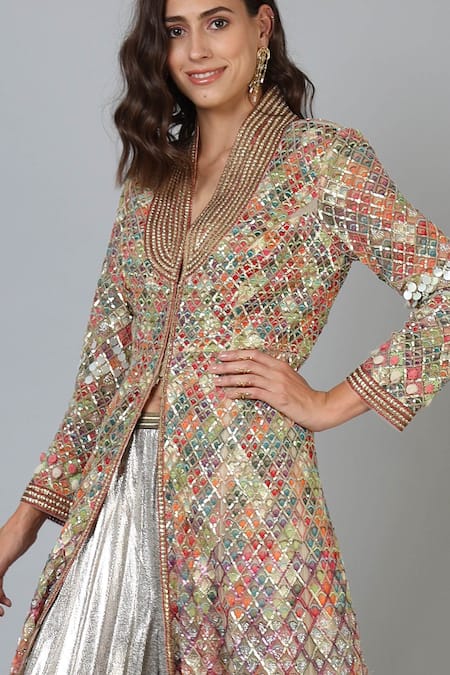 Shop Geisha Designs Silver Embellished V Neck Anarkali With Pant Online at Aza Fashions Shop_Geisha Designs_Silver Embellished V Neck Anarkali With Pant _Online_at_Aza_Fashions