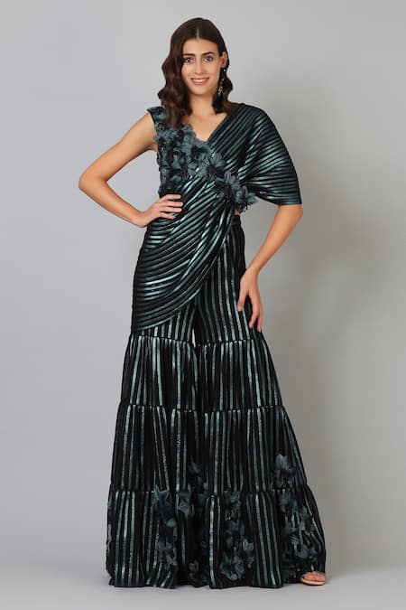 Geisha Designs Blue V Neck Metallic Co-ord Set  