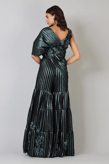 Shop Geisha Designs Blue V Neck Metallic Co-ord Set at Aza Fashions Shop_Geisha Designs_Blue V Neck Metallic Co-ord Set _at_Aza_Fashions