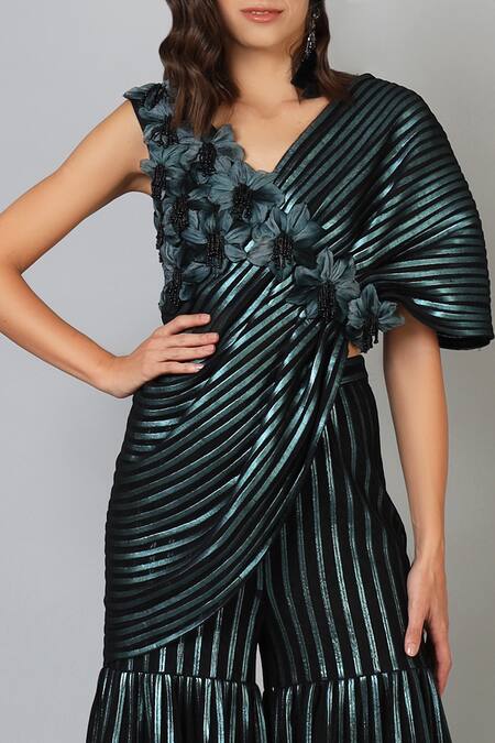 Buy Geisha Designs Blue V Neck Metallic Co-ord Set Online at Aza Fashions Buy_Geisha Designs_Blue V Neck Metallic Co-ord Set _Online_at_Aza_Fashions