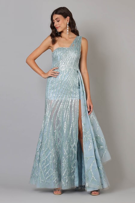 Geisha Designs Blue Embellished One Shoulder Drape Sequins Gown  