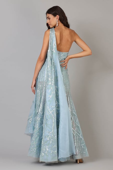 Shop Geisha Designs Blue Embellished One Shoulder Drape Sequins Gown at Aza Fashions Shop_Geisha Designs_Blue Embellished One Shoulder Drape Sequins Gown _at_Aza_Fashions