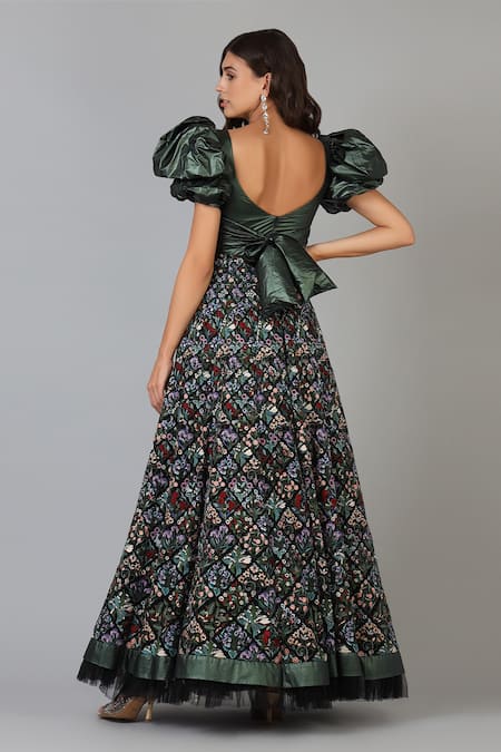 Shop Geisha Designs Black Embroidery V Neck Gown at Aza Fashions Shop_Geisha Designs_Black Embroidery V Neck Gown _at_Aza_Fashions