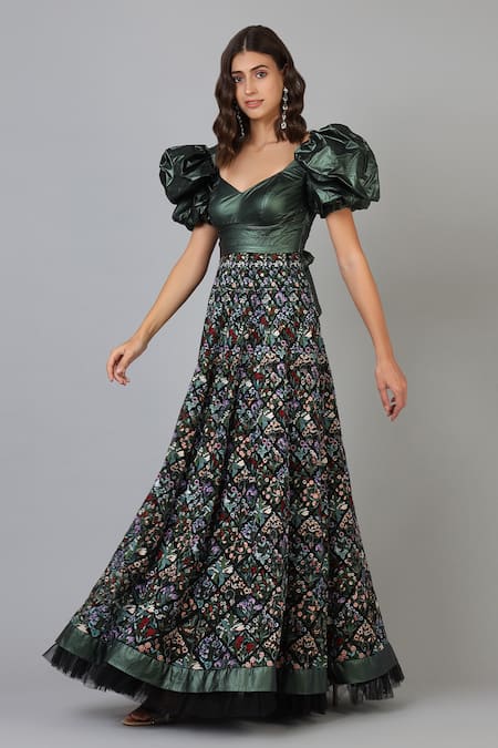 Geisha Designs Black Embroidery V Neck Gown  