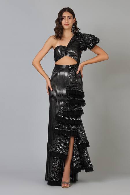 Geisha Designs Black Embroidery One Shoulder Cutout Asymmetric Gown Online at Aza Fashions Geisha Designs_Black Embroidery One Shoulder Cutout Asymmetric Gown _Online_at_Aza_Fashions