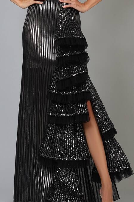 Geisha Designs Black Embroidery One Shoulder Cutout Asymmetric Gown at Aza Fashions Geisha Designs_Black Embroidery One Shoulder Cutout Asymmetric Gown _at_Aza_Fashions