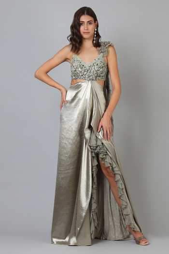 Geisha Designs_Grey Embroidery V Neck Embellished Draped Gown _Online_at_Aza_Fashions