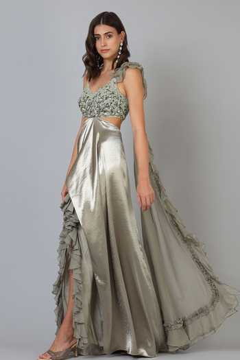 Buy_Geisha Designs_Grey Embroidery V Neck Embellished Draped Gown _Online_at_Aza_Fashions