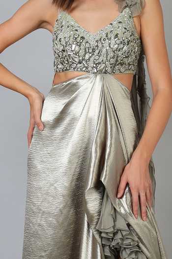 Shop_Geisha Designs_Grey Embroidery V Neck Embellished Draped Gown _Online_at_Aza_Fashions