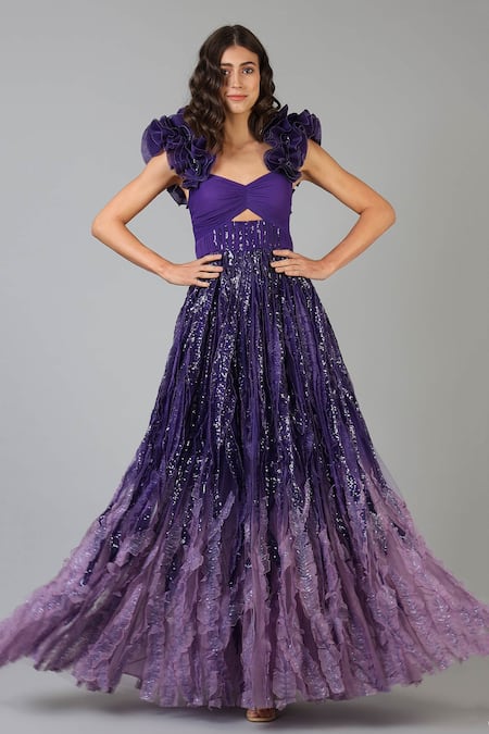 Geisha Designs Purple Embroidery V Neck Ombre Sequins Gown  