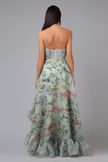 Shop Geisha Designs Blue Printed Ruffle Gown at Aza Fashions Shop_Geisha Designs_Blue Printed Ruffle Gown _at_Aza_Fashions