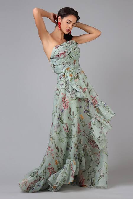 Buy Geisha Designs Blue Printed Ruffle Gown Online at Aza Fashions Buy_Geisha Designs_Blue Printed Ruffle Gown _Online_at_Aza_Fashions