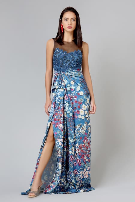 Geisha Designs Blue Embroidery Boat Draped Floral Gown  