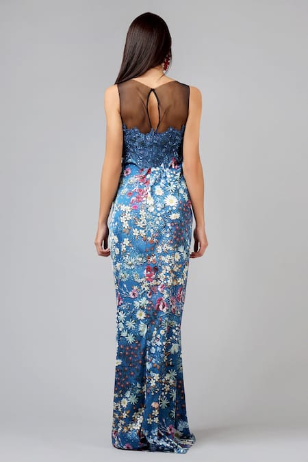 Shop Geisha Designs Blue Embroidery Boat Draped Floral Gown at Aza Fashions Shop_Geisha Designs_Blue Embroidery Boat Draped Floral Gown _at_Aza_Fashions