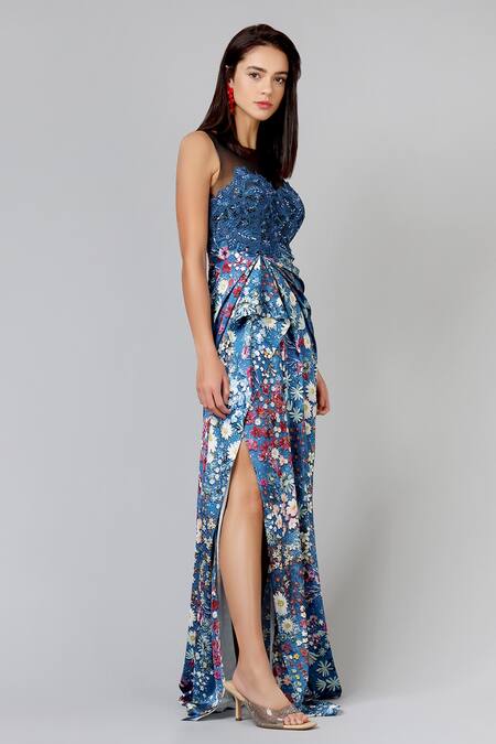 Geisha Designs Blue Embroidery Boat Draped Floral Gown Online at Aza Fashions Geisha Designs_Blue Embroidery Boat Draped Floral Gown _Online_at_Aza_Fashions