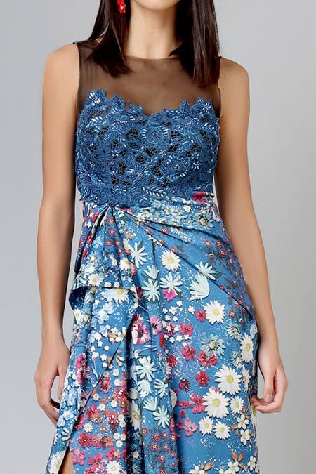 Buy Geisha Designs Blue Embroidery Boat Draped Floral Gown Online at Aza Fashions Buy_Geisha Designs_Blue Embroidery Boat Draped Floral Gown _Online_at_Aza_Fashions